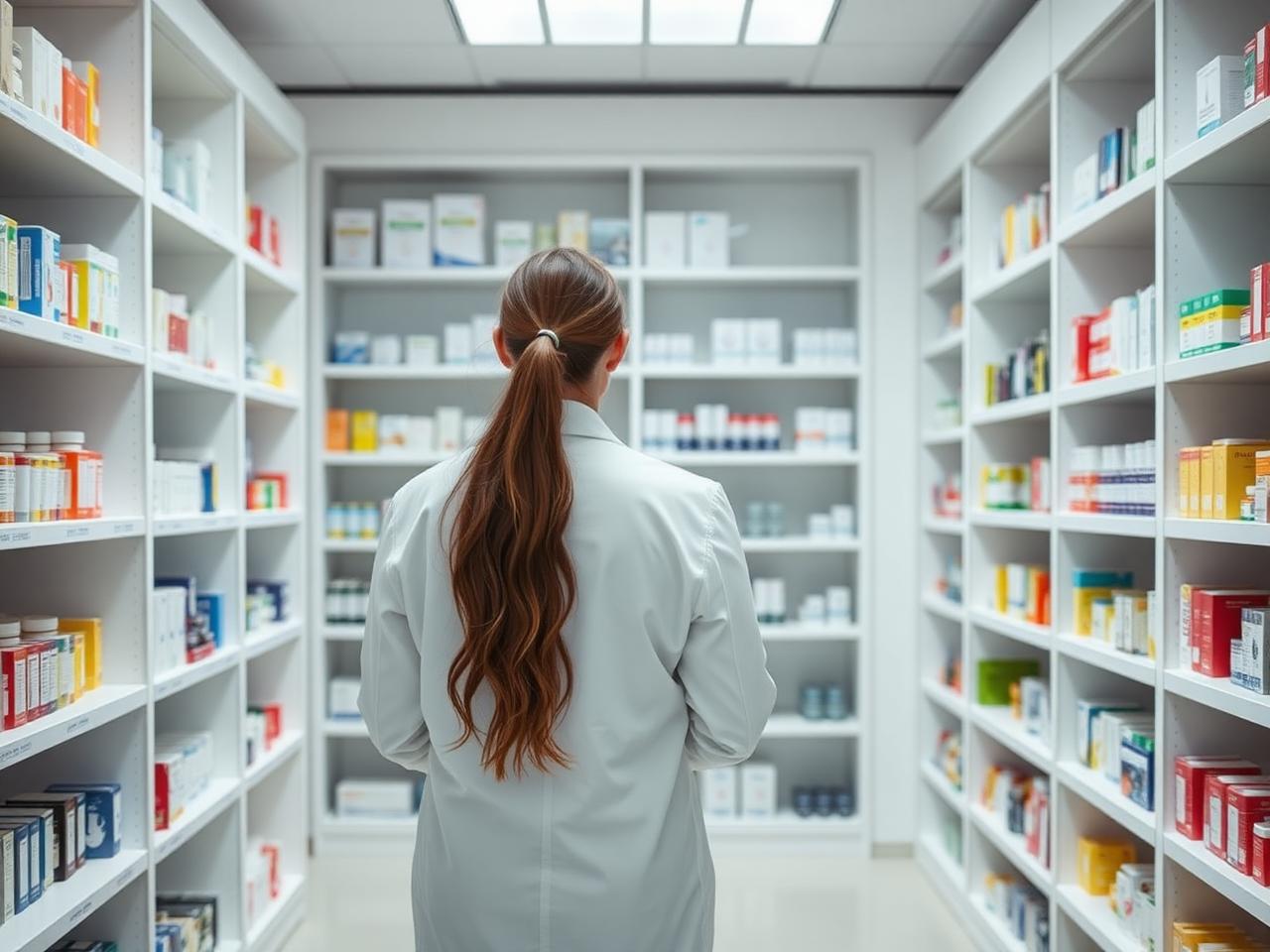 Pharmacist organizing medications on shelves at Medihub Pharmacy