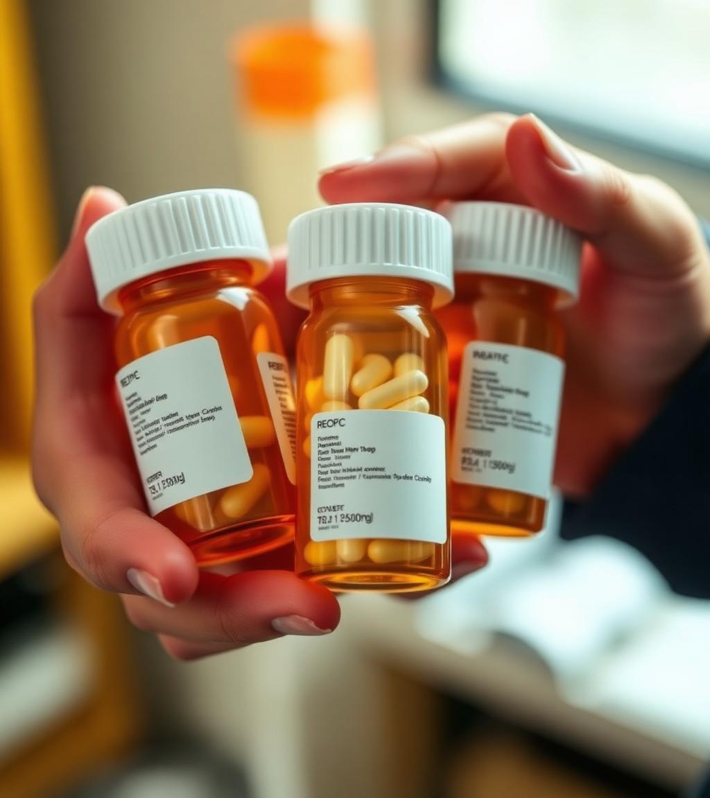Hands holding prescription bottles